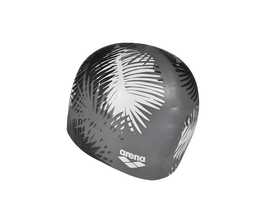 Graue Arena Badekappe Sirene mit weißem Palmenmuster.