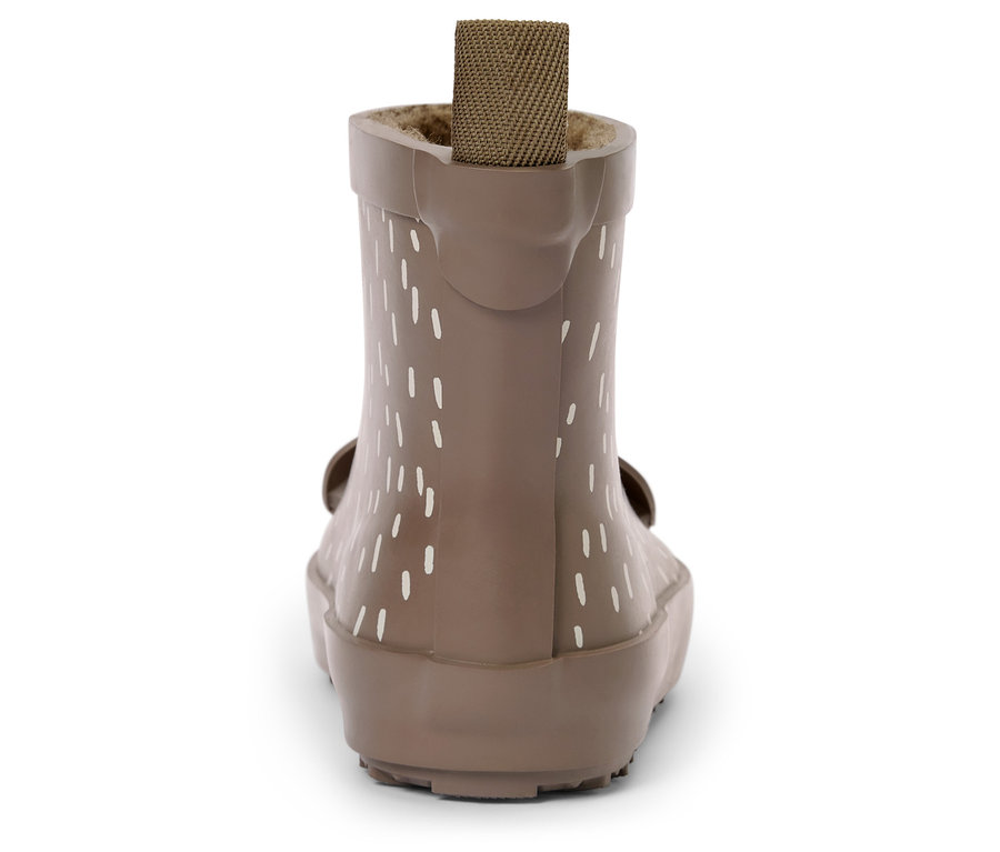 Beiger Gummistiefel mit weißen vertikalen Streifen und brauner Stoffschlaufe von hinten.