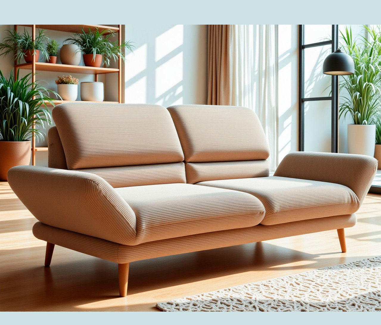 Taupefarbenes DOMO 2-Sitzer-Sofa »FuAR«, drehbar, im Wohnzimmer.