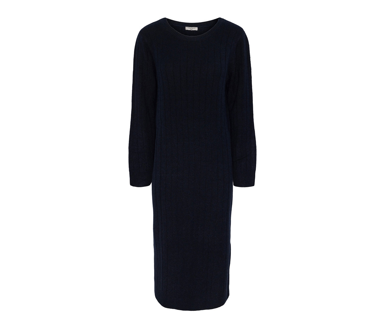 Dunkelblaues, geripptes Strickkleid.