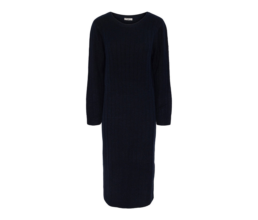 Dunkelblaues, geripptes Strickkleid.