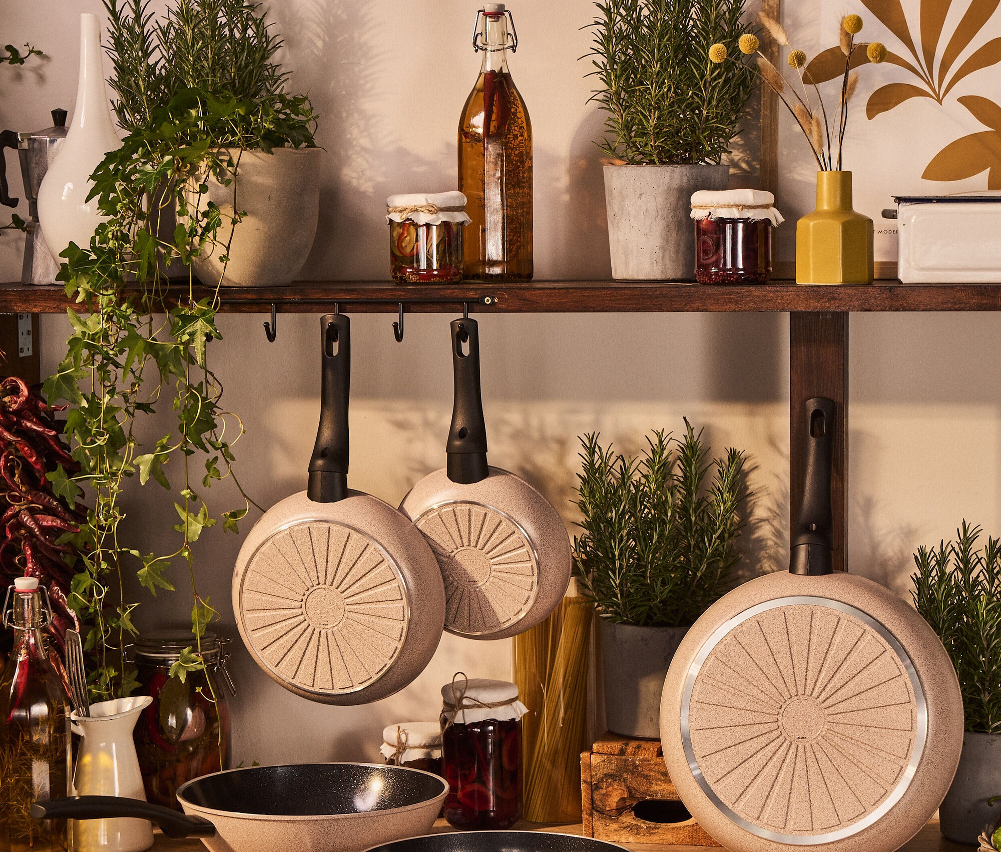 Kochgeschirr auf einem Induktionskochfeld und an einem Regal aufgehängt.