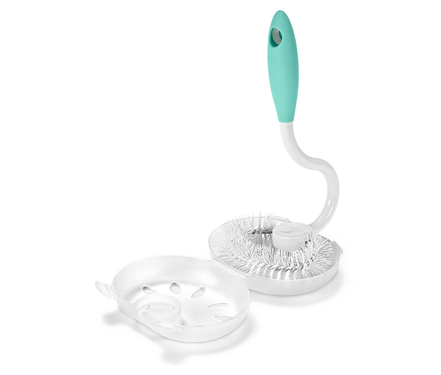 Flaschenbürste mit blaugrünem Griff und weißen Borsten neben einem durchsichtigen Abtropfbehälter.