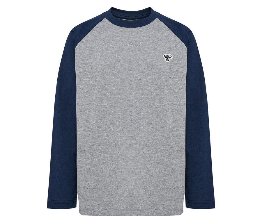 Graues T-Shirt mit blauen Raglanärmeln HUMMEL HMLJR Raglan Loose T-Shirt BEE, blau.