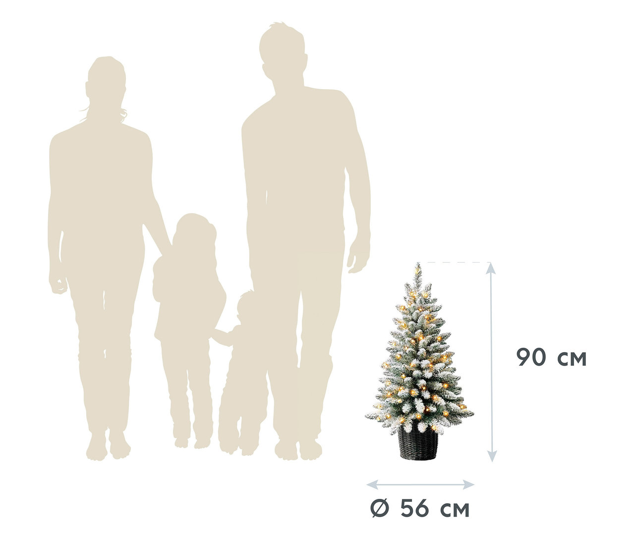 Schattenrisse einer Familie stehen neben einem Evergreen LED-Weihnachtsbaum mit geflochtenem Übertopf, ca. 90 cm hoch.