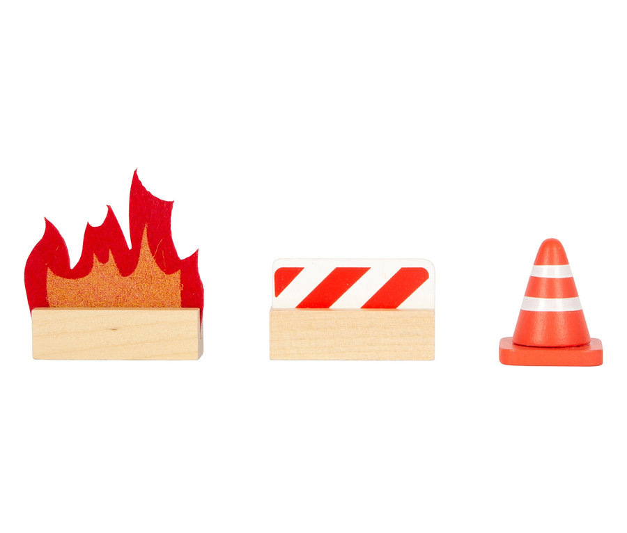 small foot Feuerwehrwache, groß: Holzspielzeug-Set mit Flamme, Absperrung und Pylon.