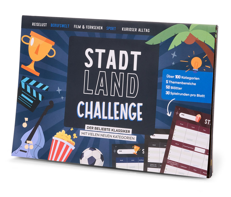 Verpackung des Spiels Stadt Land Challenge. Auf der Verpackung befinden sich Bilder: Trophäe, Filmklappe, Geige, Popcorn und Fußball.