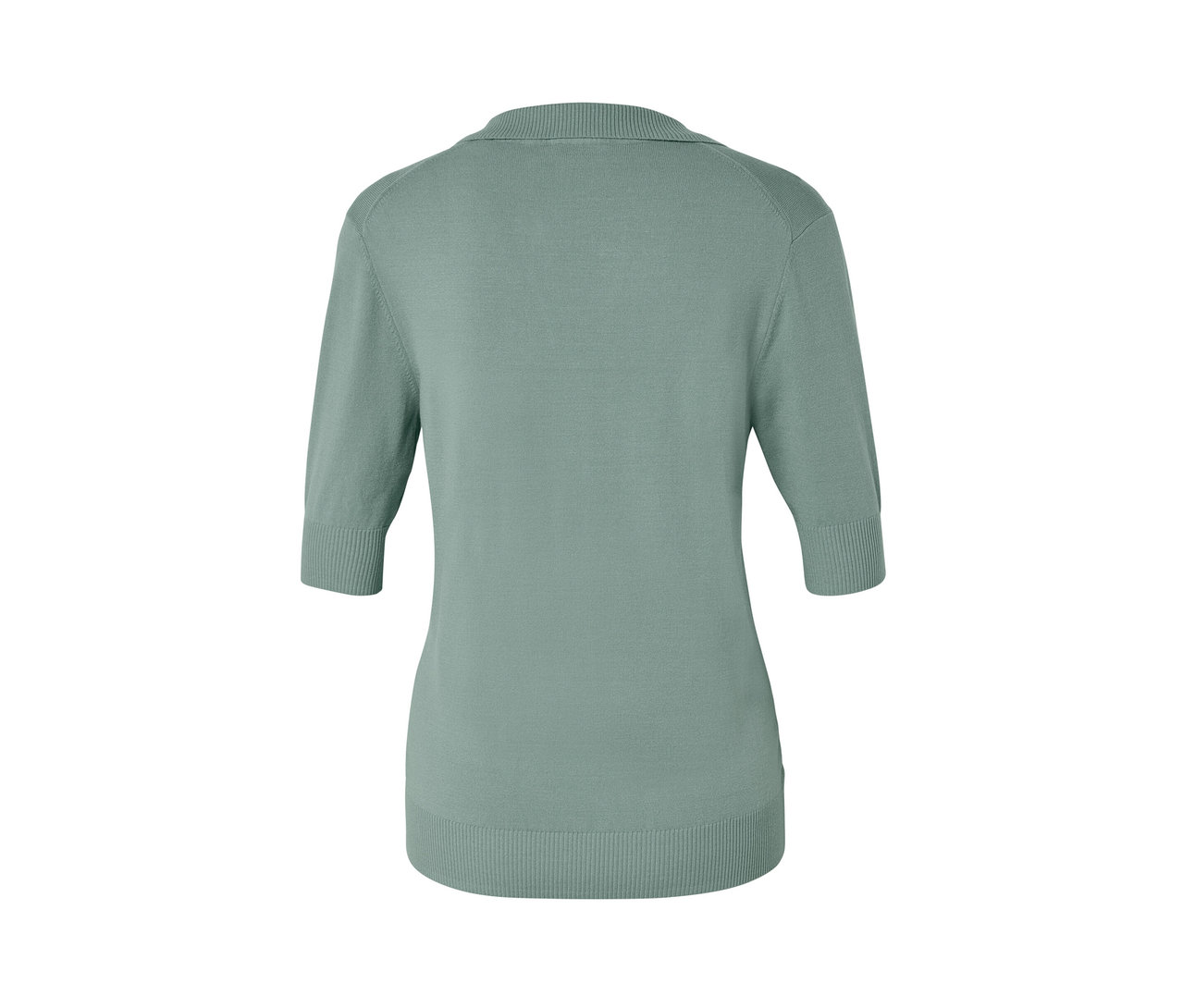 Rückansicht eines hellgrünen Feinstrick-Polos.