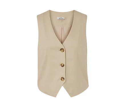 Beige Leinen-Weste mit Knöpfen.