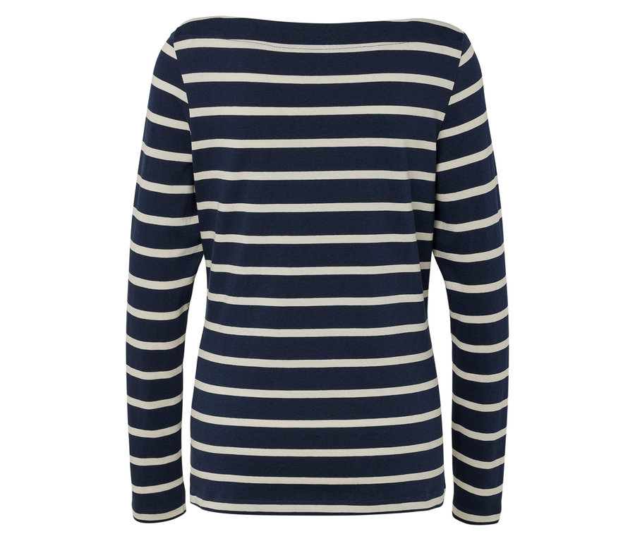 Rückansicht eines langärmligen Damenoberteils in Marineblau mit weißen horizontalen Streifen.