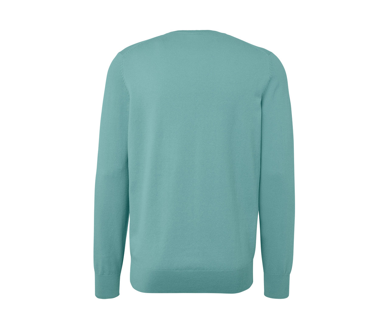 Detailansicht der Rückseite eines hellblauen Strick-Pullovers.