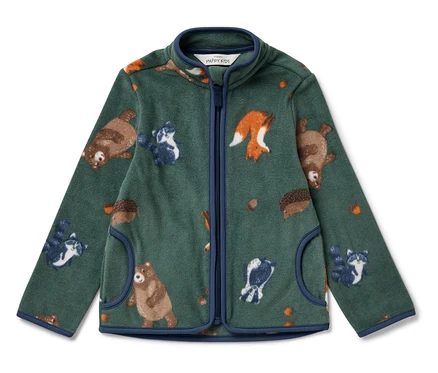 Grüne Fleecejacke mit Tiermuster.