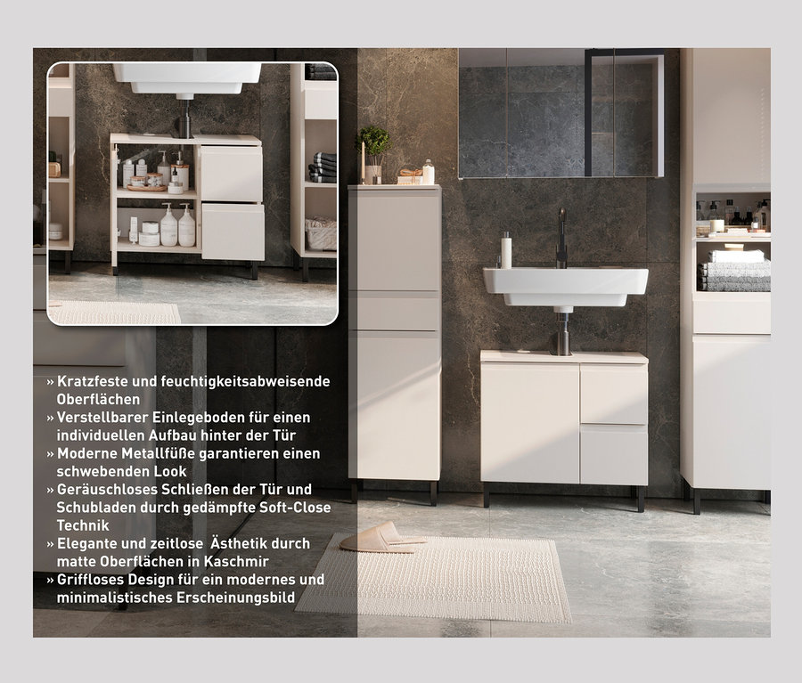 Badezimmer mit Waschbecken, Spiegelschrank und »Salinas« Waschbeckenunterschrank, klein, kaschmir.