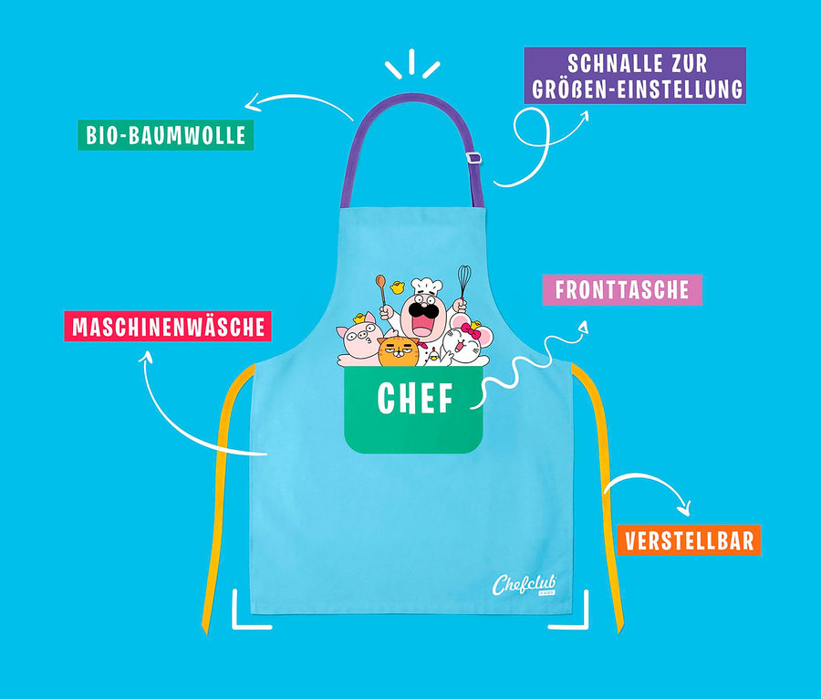 Hellblaue Chefclub Koch-Set Schürze mit Cartoonfiguren und verstellbaren gelben Trägern auf blauem Hintergrund.