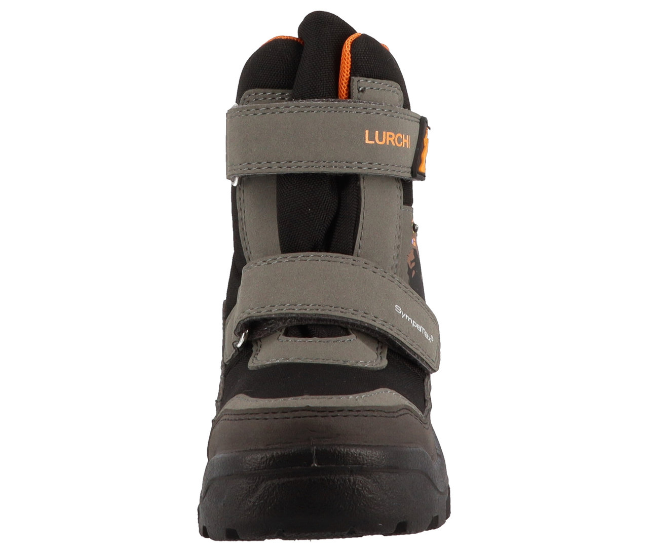 Ein schwarz-grauer Winterstiefel von LURCHI »Kojo-SYMPATEX« mit orangen Details und Klettverschluss.