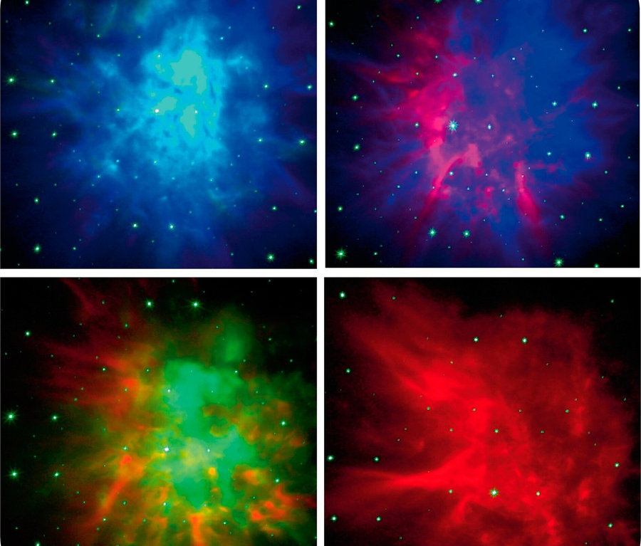 Vier Aufnahmen von verschiedenen Nebeln mit Sternen.
