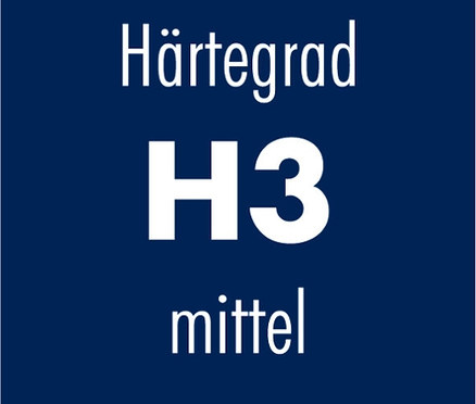 Blaues Quadrat mit "Härtegrad H3 mittel" in weißer Schrift.