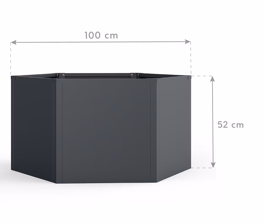 Eine sechseckige, anthrazitfarbene Pflanzkiste mit den Maßen 100 cm Breite und 52 cm Höhe.