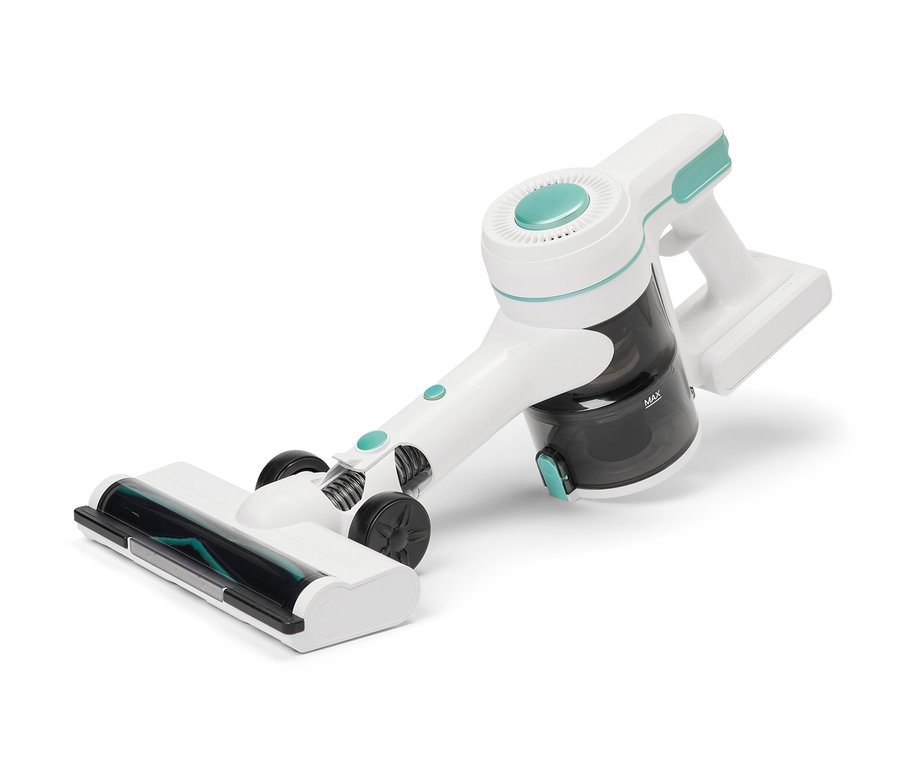 Ein weißer Akkusauger mit türkisfarbenen Akzenten.