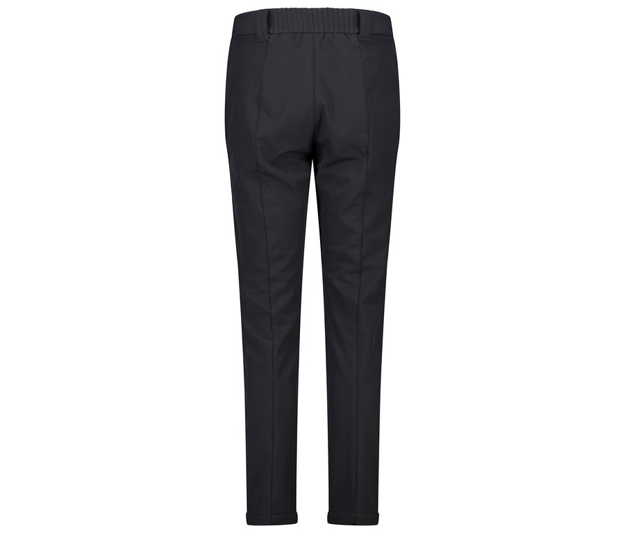 Rückansicht einer marineblauen Hose mit elastischem Bund.