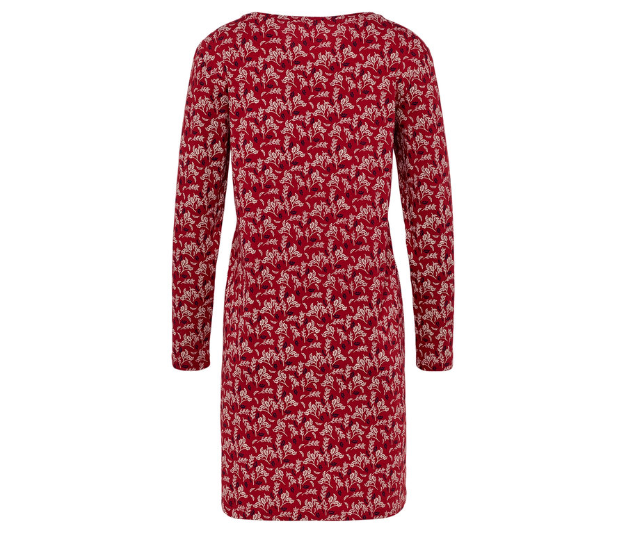 Rückansicht eines roten, langärmeligen Kleides mit Allover-Blumenmuster.