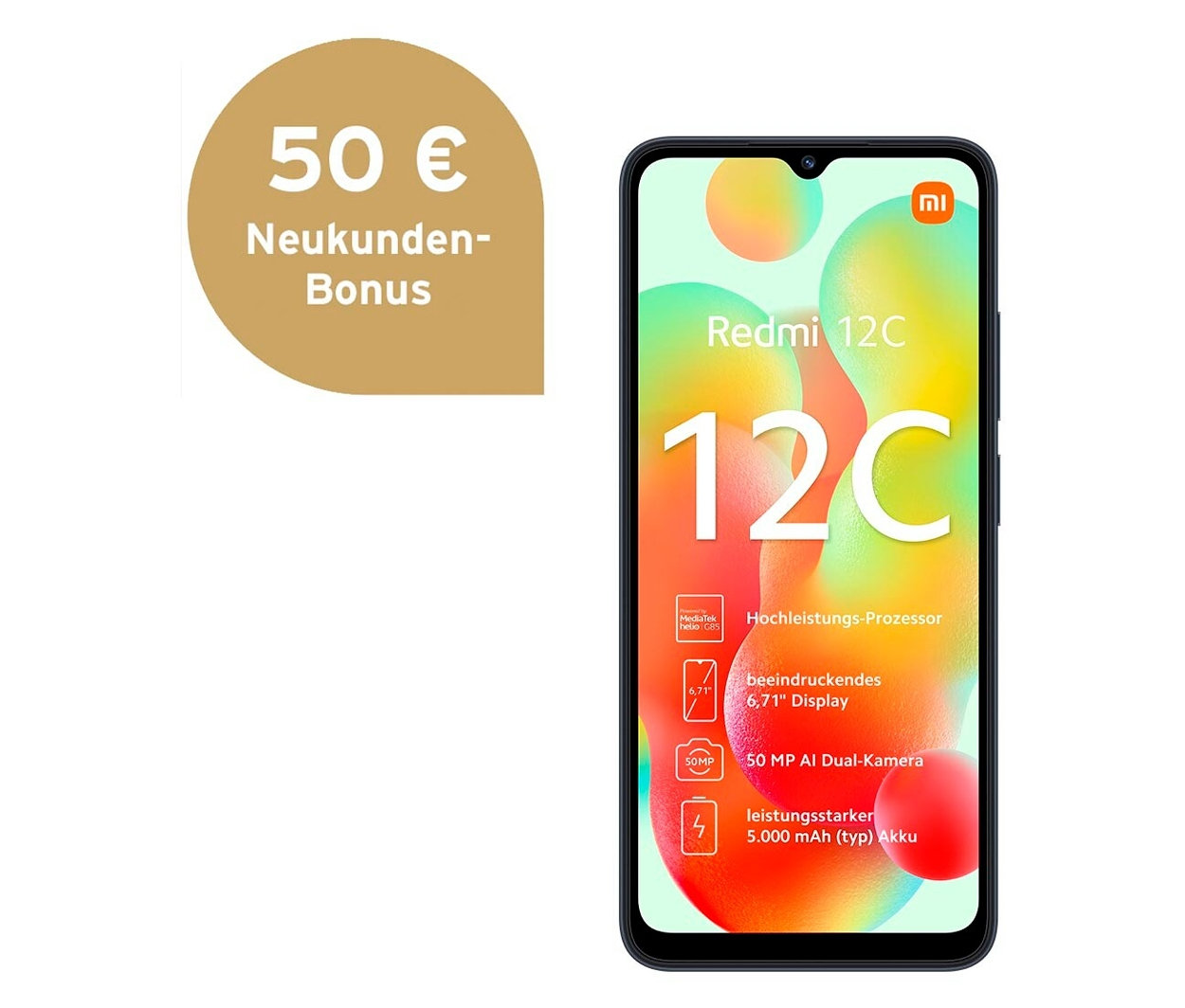 Frontansicht eines grauen Xiaomi Redmi 12C 64GB Smartphones.