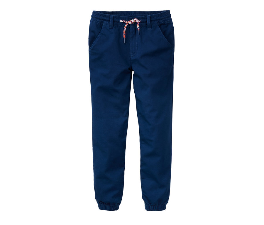 Eine marineblaue Schlupfhose mit orangefarbenem Kordelzug.
