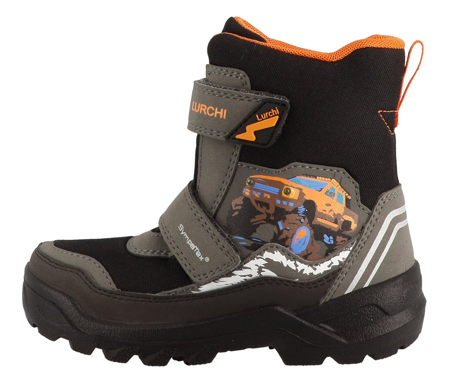 Ein schwarz-grauer LURCHI »Kojo-SYMPATEX« Winterstiefel mit einem Automotiv.