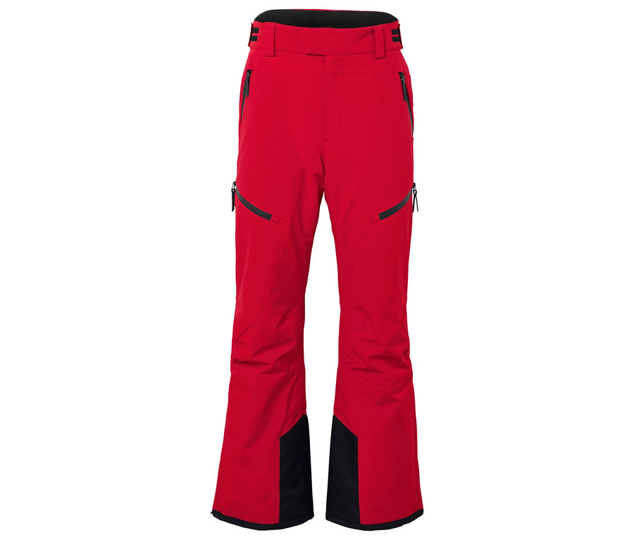 Eine rote Skihose mit schwarzen Details am unteren Bein.
