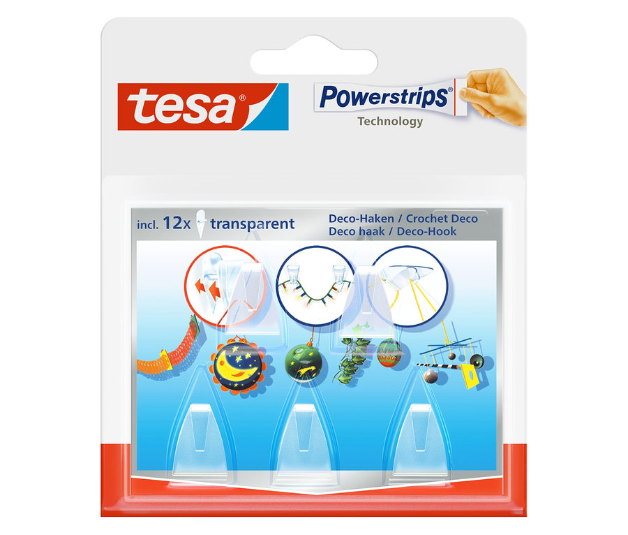 Eine Packung Tesa Powerstrips, 12 transparente Deko-Haken.