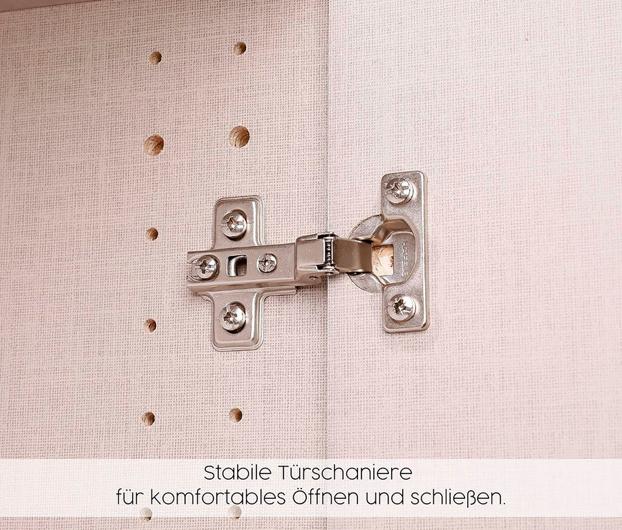Detail eines silbernen Scharniers, das mit Schrauben an einem Schrank befestigt ist.