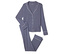 Ein marineblauer Pyjama mit weißer Paspelierung, bestehend aus einem geknöpften Oberteil und einer Hose.