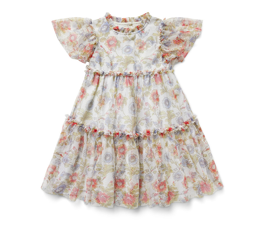 Kinder-Tüllkleid mit Blumenmuster und Rüschenärmeln.