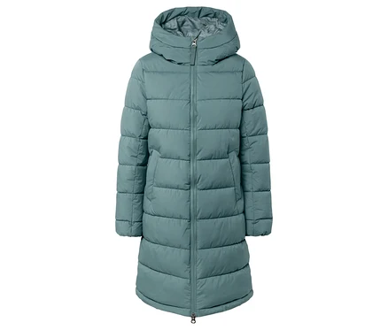 Türkisfarbene, gesteppte Daunenjacke mit Kapuze.