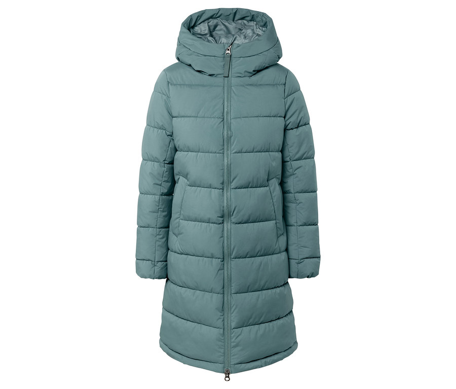 Türkisfarbene, gesteppte Daunenjacke mit Kapuze.