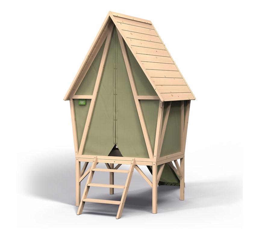 Das EXIT Spielhaus »Yuki 300« mit Rutsche steht auf einem weißen Hintergrund.