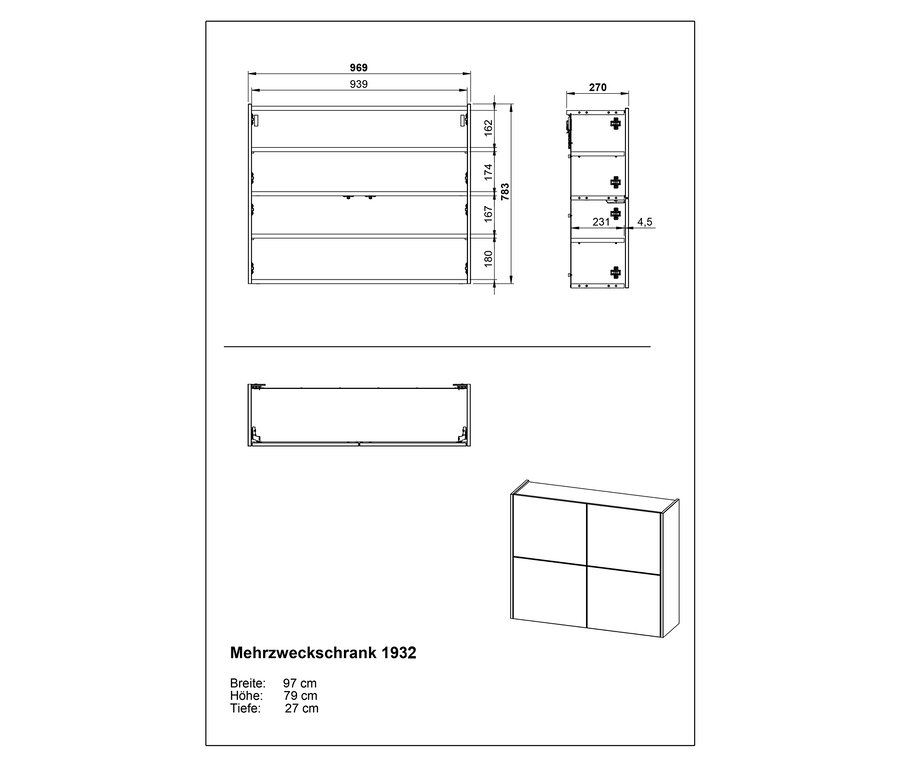 Technische Zeichnung eines Mehrzweckschranks 1932 mit Breiten-, Höhen- und Tiefenangaben.