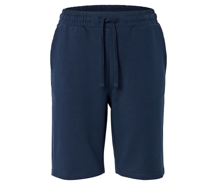 Dunkelblaue Shorts mit Kordelzug auf weißem Hintergrund.