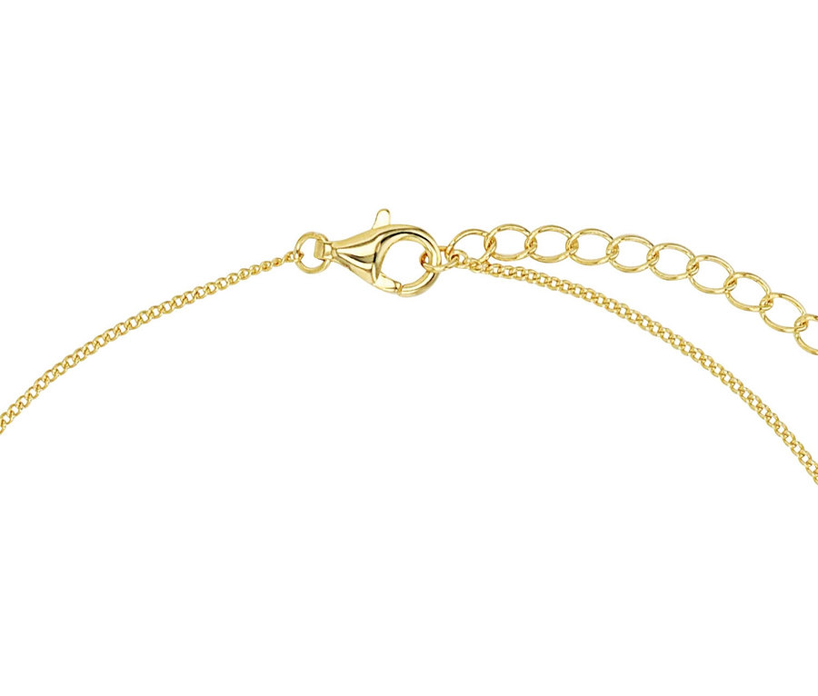 Nahaufnahme des Verschlusses und der Kette des goldenen Amor Halsschmucks mit Herz-Motiv.