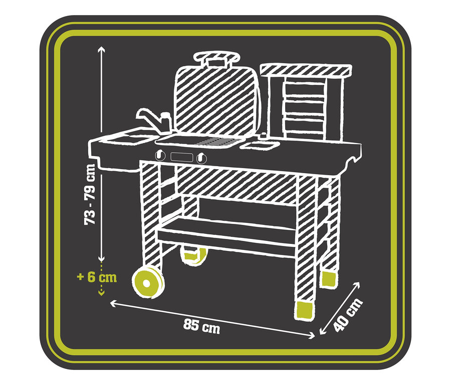 Umrisszeichnung der Smoby Outdoor-Gartenküche mit Maßangaben zu Höhe, Breite und Tiefe.