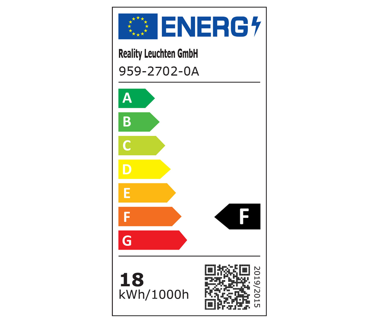 Energielabel der Reality Leuchten GmbH 959-2702-0A mit der Energieeffizienzklasse F und einem Verbrauch von 18 kWh/1000h.