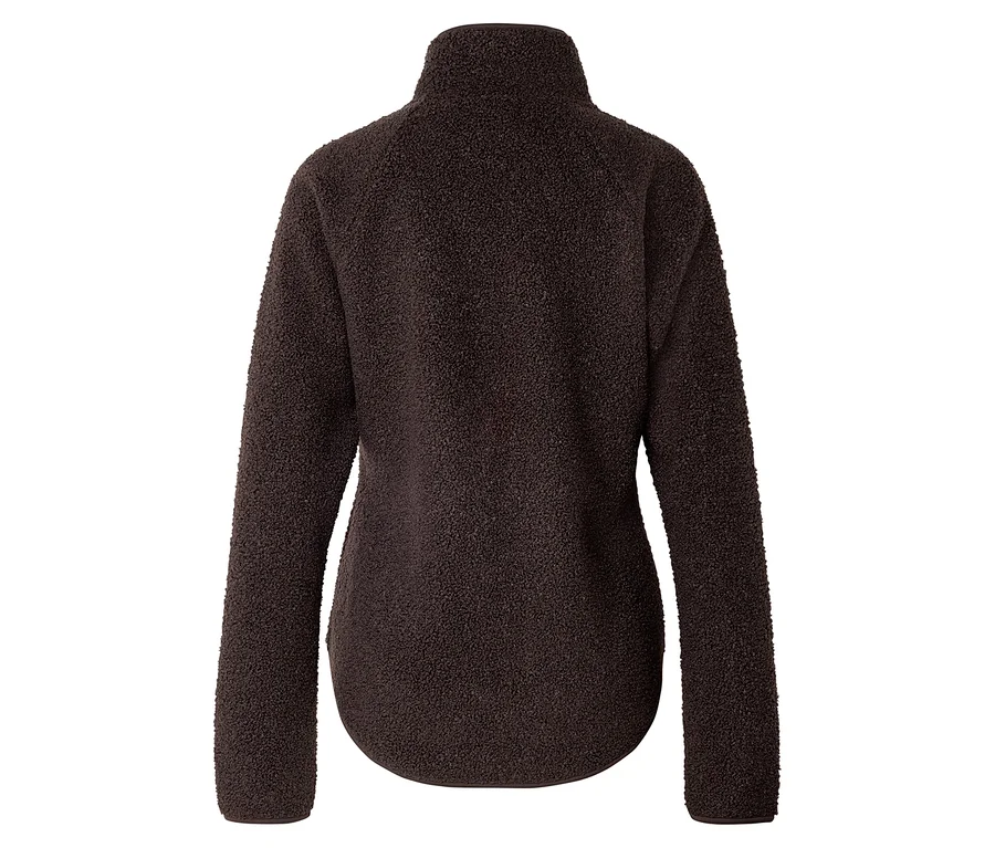 Rückansicht einer braunen Fleecejacke mit Stehkragen.