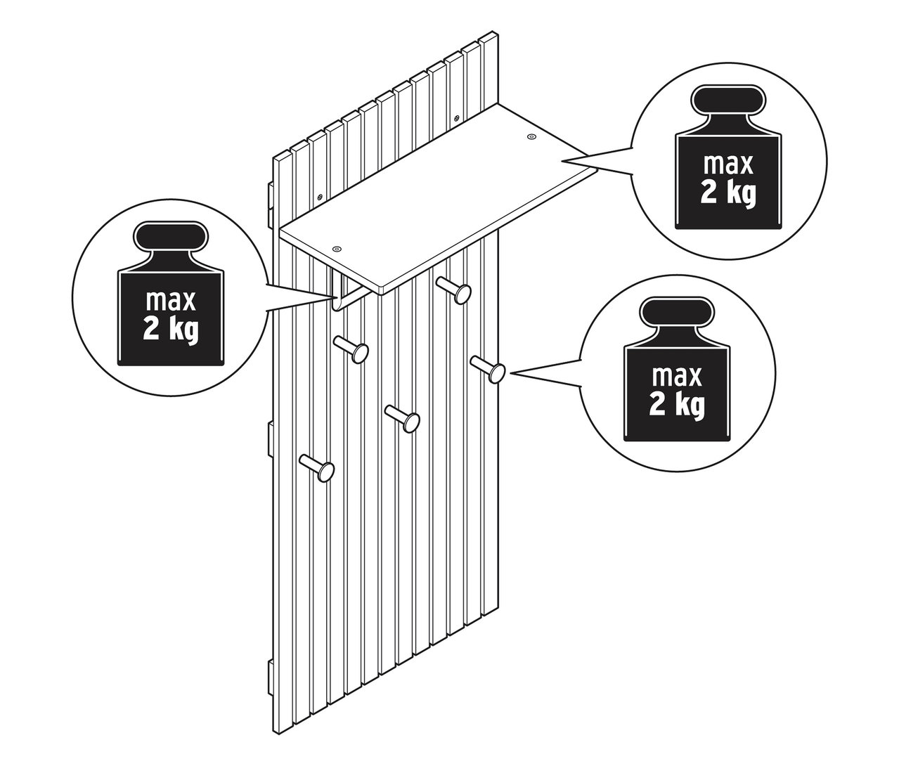 Illustration einer Garderobe »HOLT« aus Bambus mit Lamellenelementen, Belastungsgrenze von maximal 2 kg.