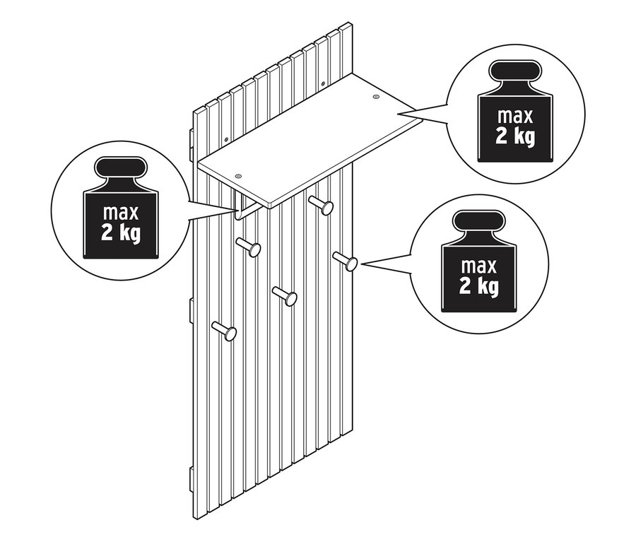Illustration einer Garderobe »HOLT« aus Bambus mit Lamellenelementen, Belastungsgrenze von maximal 2 kg.