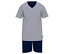 Gestreifter Kurzarm-Pyjama mit V-Ausschnitt und marineblauer kurzer Hose.