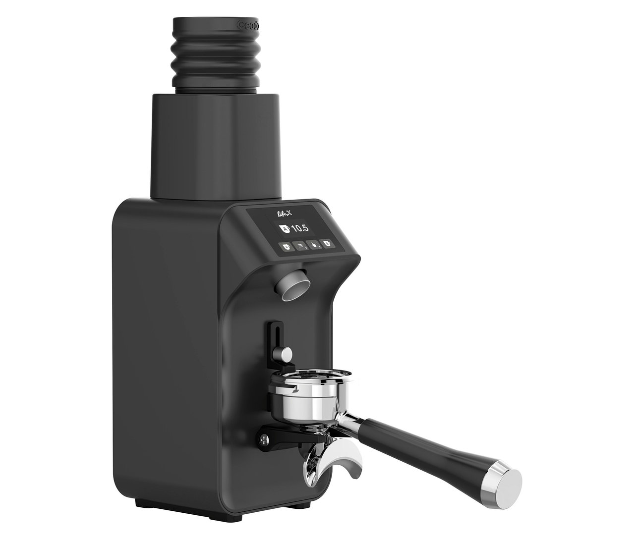 Schwarze Eureka E4-X Kaffeemühle mit Siebträgerhalterung.