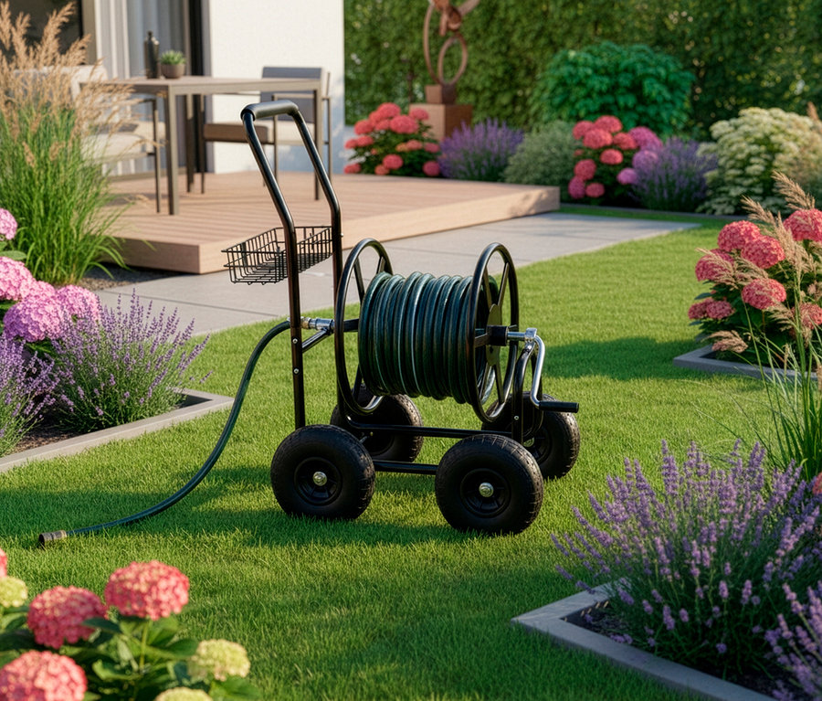 Ein grüner Gartenschlauch auf einer schwarzen Schlauchwagen-Haspel steht auf einem Rasen zwischen Blumenbeeten.