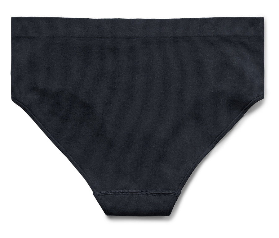 Nahaufnahme von schwarzem Damen-Hipster-Slip auf weißem Hintergrund.