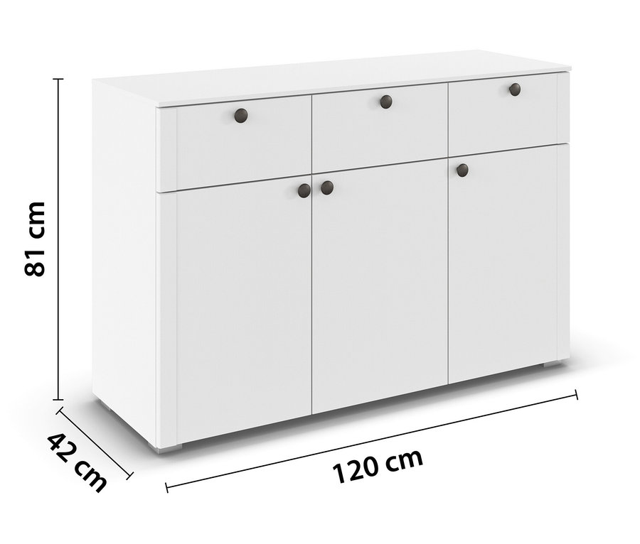 Weißes Sideboard mit drei Schubladen oben und drei Türen unten. Die Maße sind 81 cm hoch, 42 cm tief und 120 cm breit.
