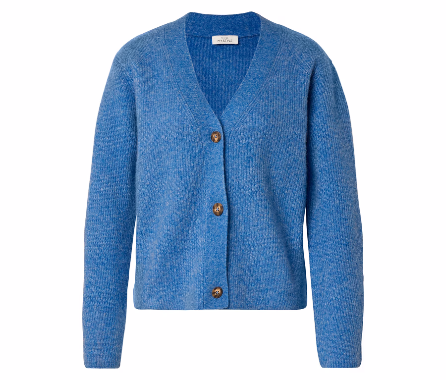Blaue Strickjacke mit V-Ausschnitt und drei braunen Knöpfen, aus RWS-zertifizierter Wolle.